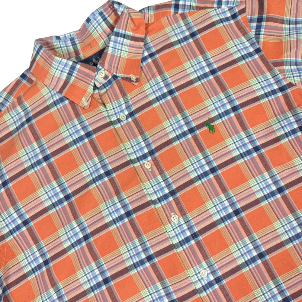 Ralph Lauren Classic Fit Button Down Shirt Mens XL Orange Plaid Short Sleeve